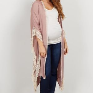 PinkBlush Mauve Crochet Trim Long Linen Kimono